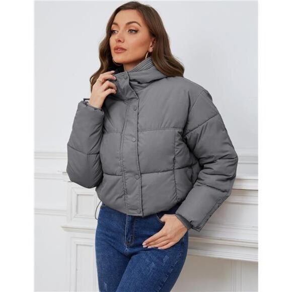 Womens Cropped Puffer Jacket Hooded Zip Up Grey - Picture 6 of 6